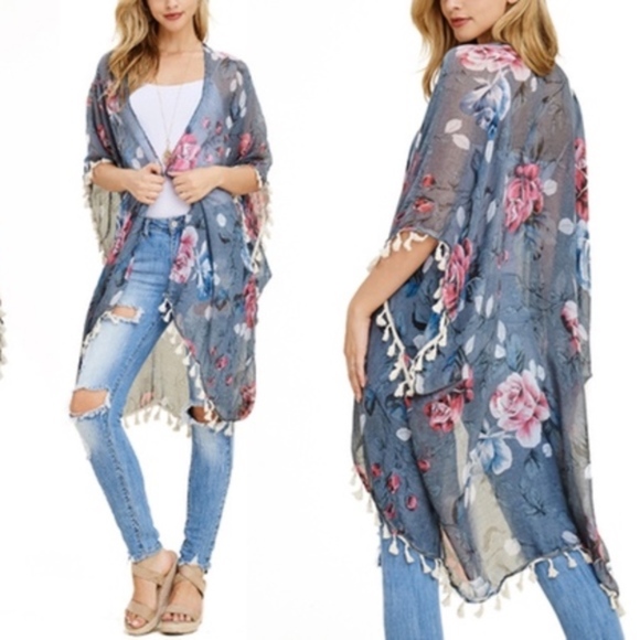 Riah Accessories - BOHO Floral Tassel KIMONO New!